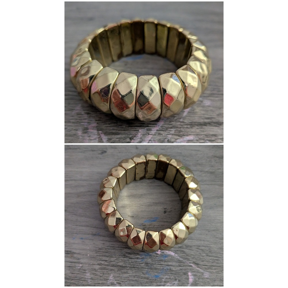 Gold Tone Faceted Geometric Chunky Stretch Bracelet Statement Jewelry